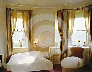 Watercolor of A tidy bedroom with a two lamps flanking and a large window adorned with