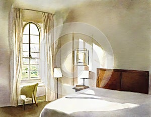 Watercolor of A tidy bedroom with a two lamps flanking and a large window adorned with