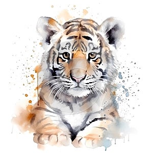 Watercolor tiger portrait. Hand drawn illustration isolated on white background.