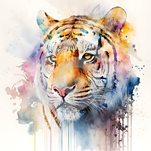 Watercolor tiger portrait painting. Realistic wild animal illustration on white background. Created with Generative AI technology