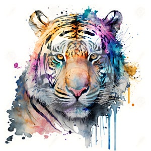 Watercolor tiger portrait painting. Realistic wild animal illustration on white background. Created with Generative AI technology