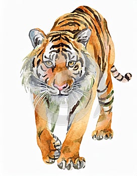 A watercolor tiger slowly approaching