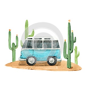 Watercolor touristic retro van illustration