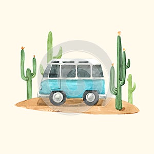 Watercolor touristic retro van vector illustration