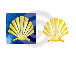 Watercolor touristic symbol of the Camino de Santiago route illlustration. The yellow scallop shell signing the way to