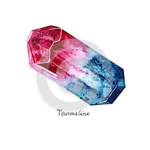 Watercolor Tourmaline. Semiprecious crystal. Hand drawn illustration