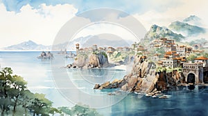 Watercolor Town: Serene Coastal Castle Illustration In Vray Style photo