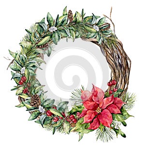 Watercolor traditional Christmas floral wreath. Hand painted poinsettia, snowberry, tree and fir branches, red berries
