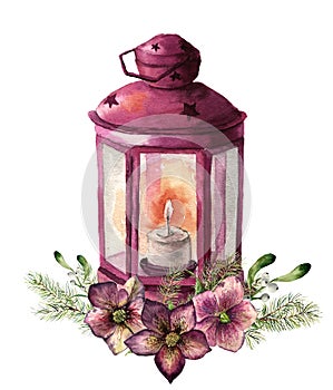 Watercolor traditional christmas lantern with floral decor. Hand painted red lantern with fir branch, hellebore flower