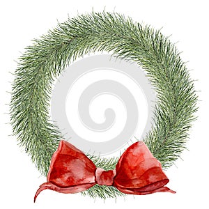 Watercolor traditional Christmas wreath. Hand painted border with fir branches and red bow isolated on white background