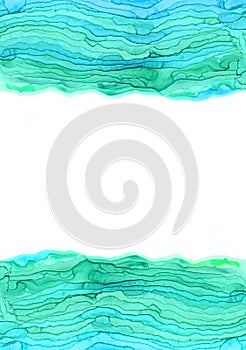 Watercolor transparent sea waves abstract frame background. Lines of paint, splash abstraction over white. Hand painted