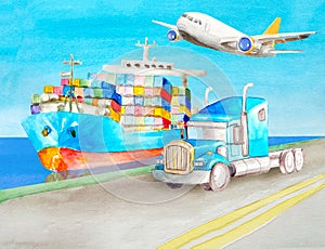 Watercolor transport concept of a blue container truck and a blue American semi-trailer tractor without a body against the