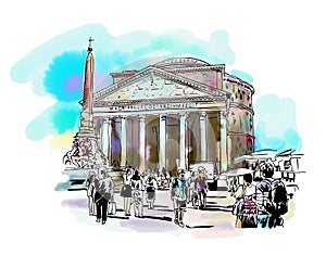 watercolor travel card from Rome Italy, old italian imperial building Pantheon