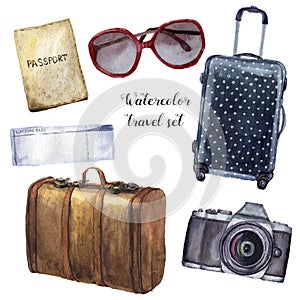 Watercolor travel set. Hand painted tourist objects set including passport, ticket, leather vintage suitcase, polka dot