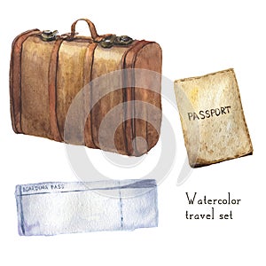 Watercolor travel set including passport, ticket, vintage leather set. Hand painted illustration isolated on white