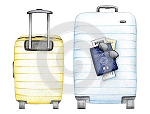 Watercolor travelling illustration suitcases. Set of watercolour blue and yellow travel suitcase tourism