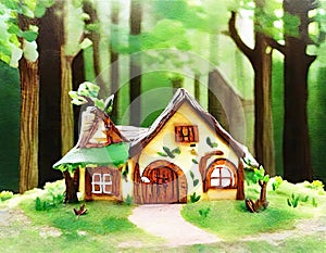 Watercolor of tree house elf dwelling