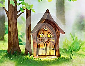 Watercolor of tree house elf dwelling