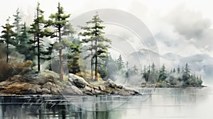 Romanticized Watercolor Painting Of Pine Trees And Lake photo