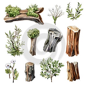 Watercolor Tree Stumps and Greenery Collection