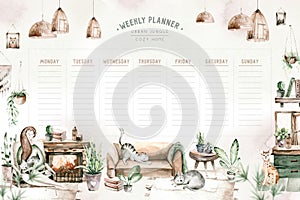 Watercolor trendy interior bohemian weekly planner with mid century modern furniture. Interior hugge Decor Scene. Cozy living room photo