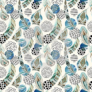 Watercolor tribal feathers seamless pattern with abstract marble and grunge shapes