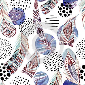 Watercolor tribal feathers seamless pattern with abstract marble and grunge shapes