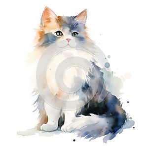 Watercolor tricolor cat isolated on white background
