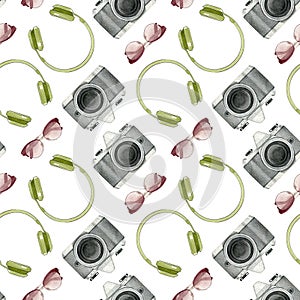 Watercolor trip accessories. Seamless bright stylish pattern with photo camera,sunglasses and headphones.