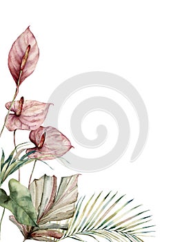 Watercolor tropic card with anthurium and palm leaves. Hand painted frame with flowers and plant isolated on white