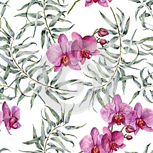 Watercolor tropic pattern with eucalyptus and orchids. Hand painted exotic ornament with branches with leaves isolated