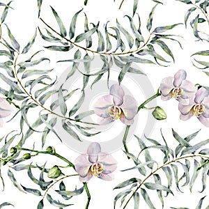 Watercolor tropic pattern with eucalyptus and white orchids. Hand painted exotic ornament with branches with leaves