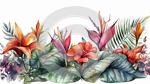 Watercolor tropical background with strelitzia flowers banner painted illustration generative ai