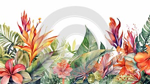 Watercolor tropical background with strelitzia flowers banner painted illustration generative ai