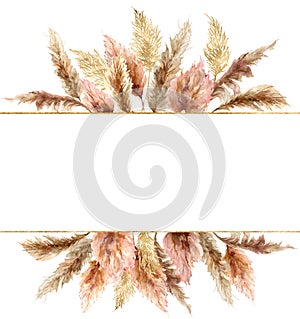 Watercolor tropical banner with dry pampas grass and gold textures. Hand painted exotic plant isolated on white