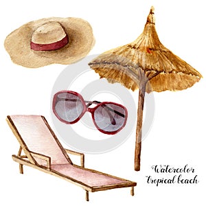 Watercolor tropical beach set. Hand painted summer vacation objects: sunglasses, beach umbrella, beach chair and strow