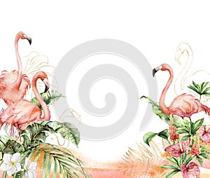 Watercolor tropical border with flamingos and flowers. Hand painted gold birds, anthurium, lupine and leaves. Floral