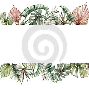 Watercolor tropical border with palm and mostera leaves. Hand painted banner with exotic greenery isolated on white