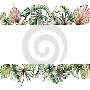 Watercolor tropical border with palm and mostera leaves. Hand painted banner with exotic greenery isolated on white photo