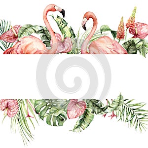 Watercolor tropical border with pink flamingo, lupine, monstera and anthurium. Hand painted birds, flowers and jungle