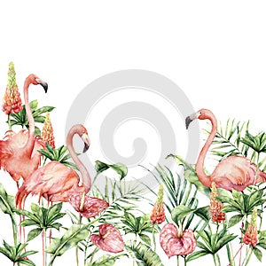 Watercolor tropical border with pink flamingos, anthurium and lupine. Hand painted birds, flowers and palm leaves