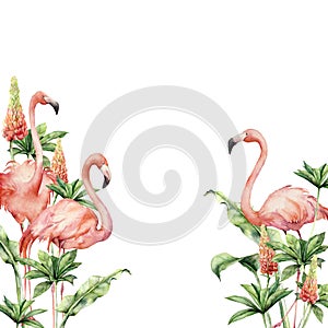 Watercolor tropical border with pink flamingos and lupine. Hand painted card with birds, flowers and jungle palm leaves