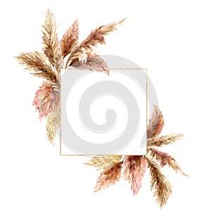 Watercolor tropical bouquet with dry pampas grass and gold frame. Hand painted exotic border isolated on white