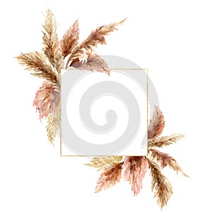 Watercolor tropical bouquet with dry pampas grass and gold frame. Hand painted exotic border isolated on white photo