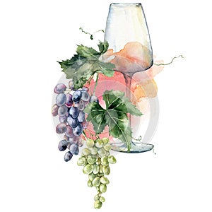 Watercolor tropical bouquet of grapes, winegalss, leaves and rose wine. Hand painted card of fresh fruits isolated on