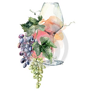 Watercolor tropical bouquet of grapes, winegalss, rose wine and leaves. Hand painted card of fresh fruits isolated on