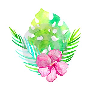 Watercolor tropical bouquet traditional drawing. Painting aquarelle exotic flower isolated on white background