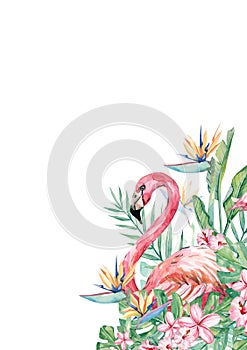 Watercolor tropical card. Flower, flamingo and leaf arrangement border. Design banner for wedding card, greeting card, template
