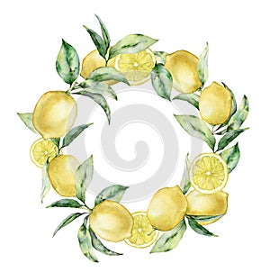 Watercolor tropical circle wreath with leaves and lemon. Hand painted exotic card with plant isolated on white