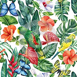 Watercolor tropical colored flower, Leaf, butterfly and bird. Seamless pattern, floral background. Paradise design.